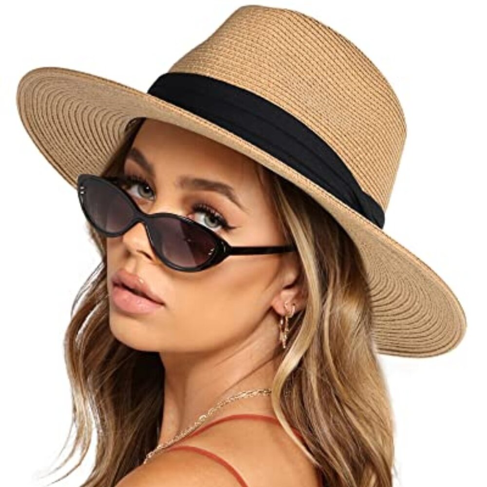 Womens Mens Wide Brim Straw Panama Hat Fedora Summer Beach Sun Hats